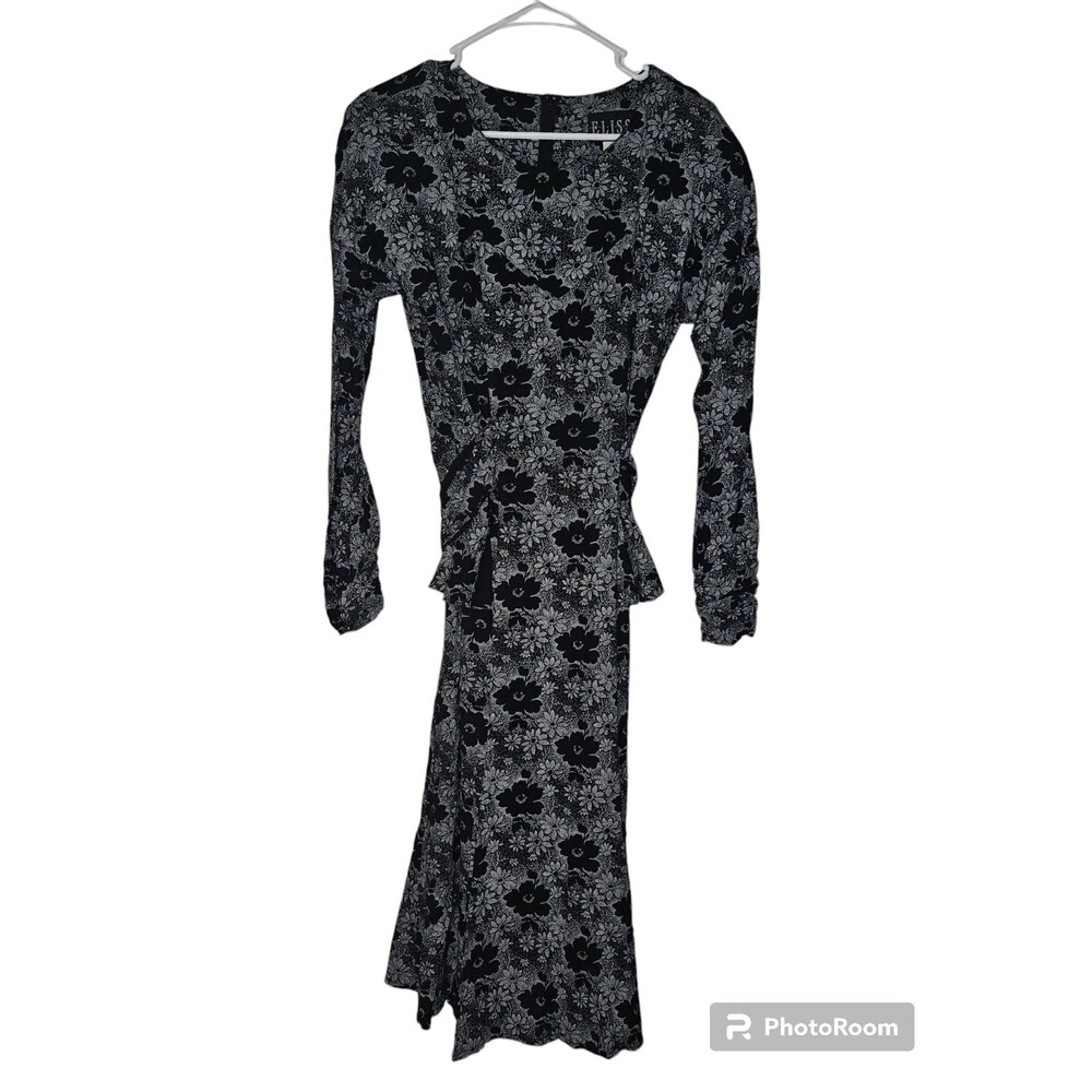 Vintage Elisse Inc. Black A-Line Floral Dress. Padded Shoulder. Small (4)USA!!!